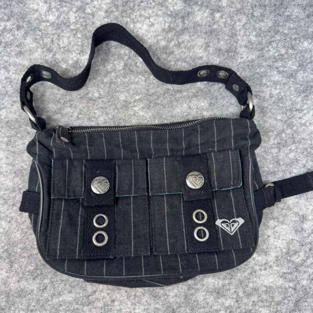 Vtg Roxy Shoulder Bag Black Pinstripe Wool Flap Pocket Y2K Purse Grunge Mini